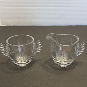 Vintage Boogie Glass Creamer Sugar Bowl Set Etched Flowers Approx 3" Tall 2.5" D